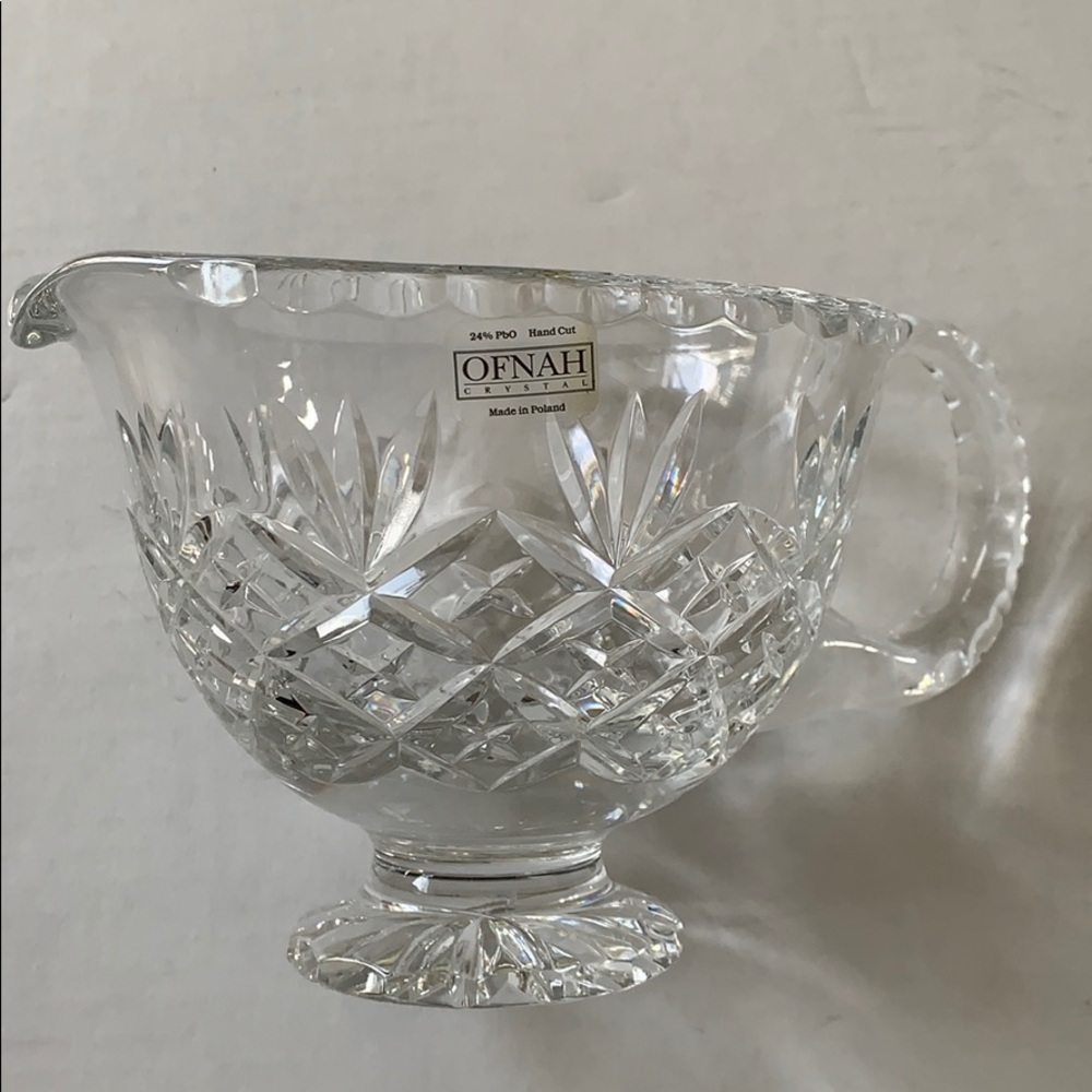 New in box OFNAH hand cut crystal bowl with handle